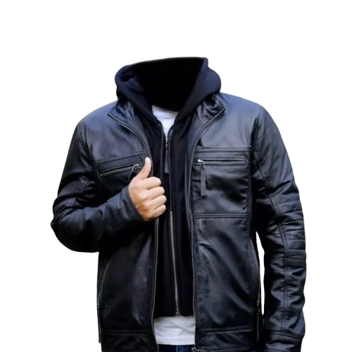 BLACK HOODED LEATHER BIKER JACKET FOR MEN REMOVEABLE HUD PURE LEATHER UK